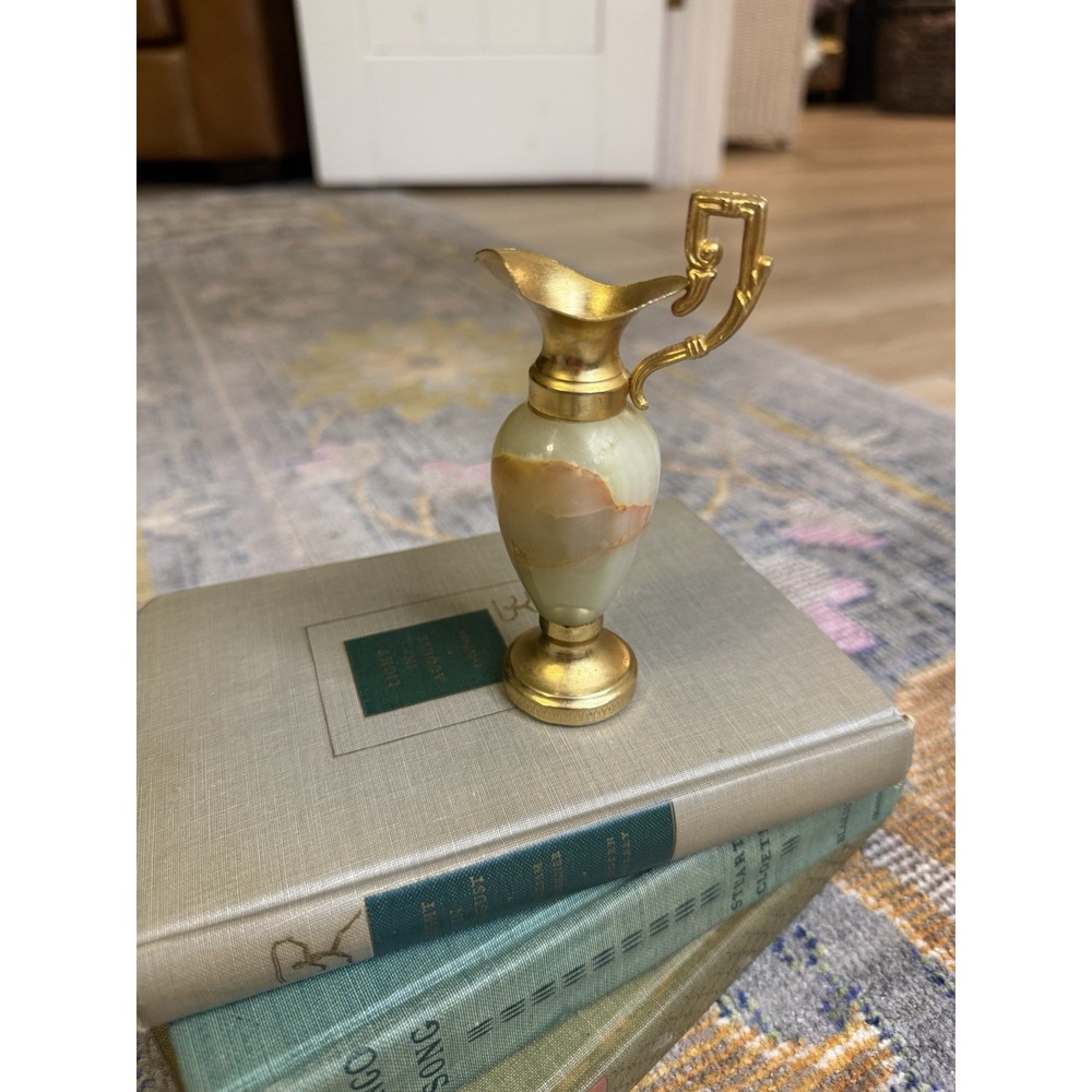 Vintage Onyx & Brass Miniature Ewer Pitcher Solid Carved Banded Green Cream 4.5"